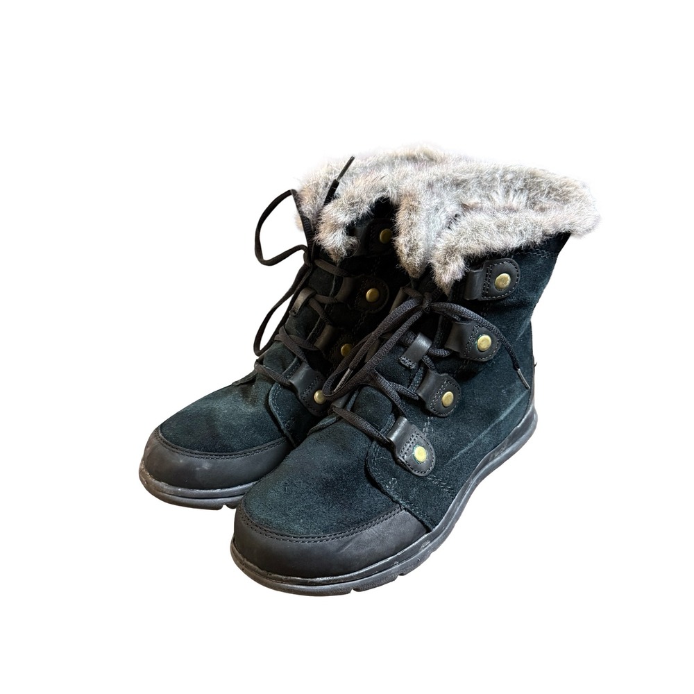 Sorel Explorer Joan Waterproof Winter Boots Black Suede Faux Fur 8.5 Gorpcore